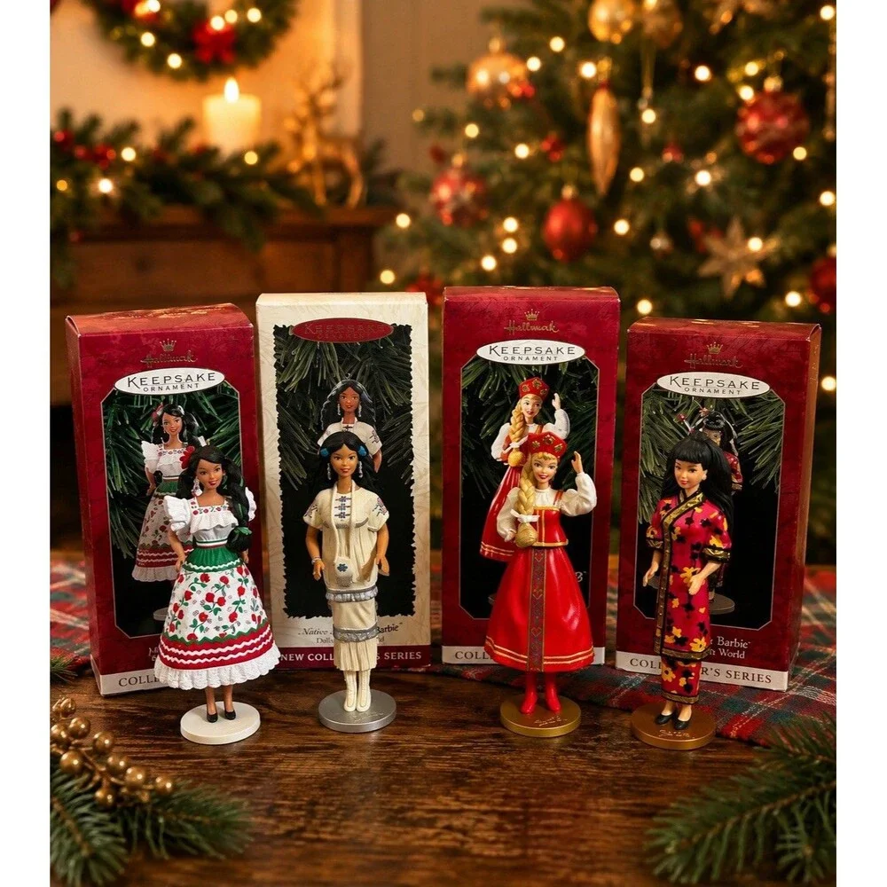 Vintage 1990s Hallmark Barbie Dolls of the World Ornaments Set of 4 Holiday Tree